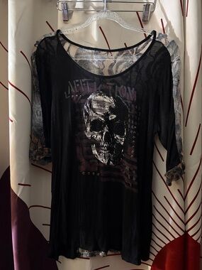 Affliction Black Sheer Skull Graphic Long Sleeve Top with Patterned Sleeves